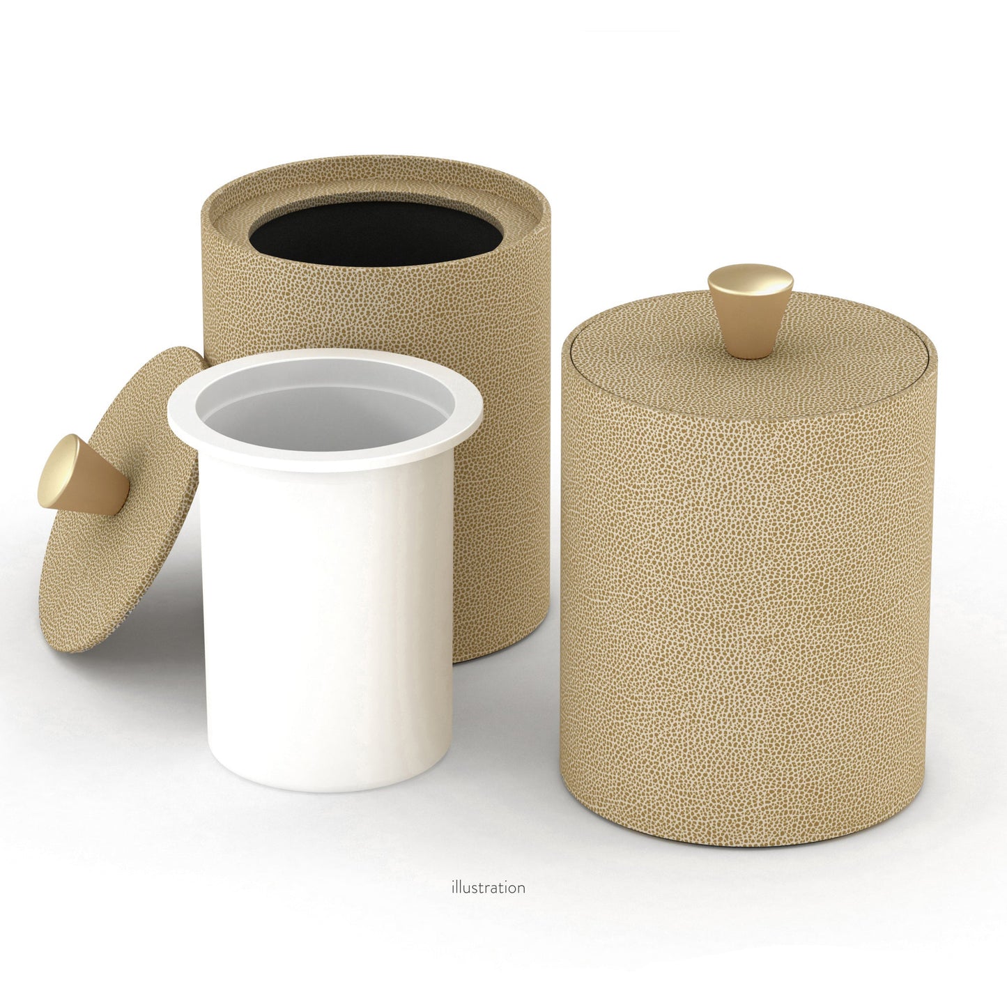 Round Ice Bucket w/ Gold Finished Knob - Faux Shagreen Leather Match - Quick Ship