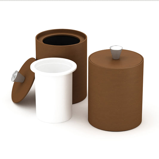 Round Ice Bucket w/ Aluminum Knob - Smooth Leather Match - Quick Ship